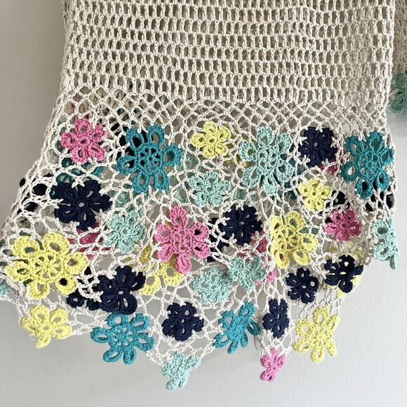 Boho Open Knit Crochet Top M Longline Cover Up Floral Festival Hi Low Hem Tan - Picture 4 of 10